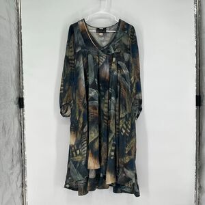 BOSS ORANGE Hugo Boss Dress 12 Gray Tan Abstract Print V-Neck 3/4 Sleeve Hi Lo
